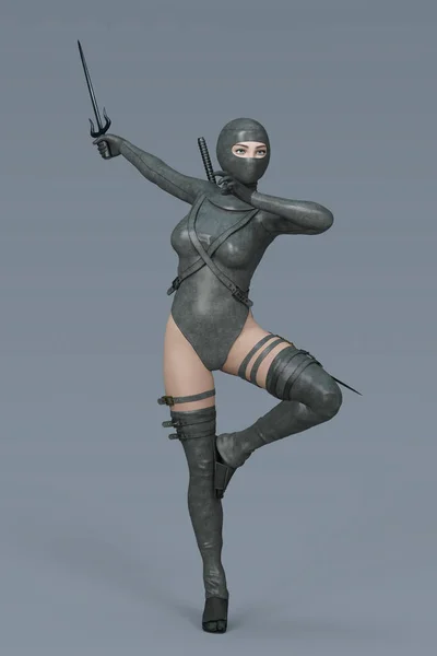 A 3D female hooded assassin character in a fighting pose — Stock Photo, Image
