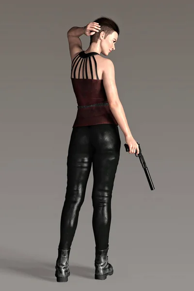 Representación de la vista trasera de una mujer en pie sosteniendo un arma — Foto de Stock