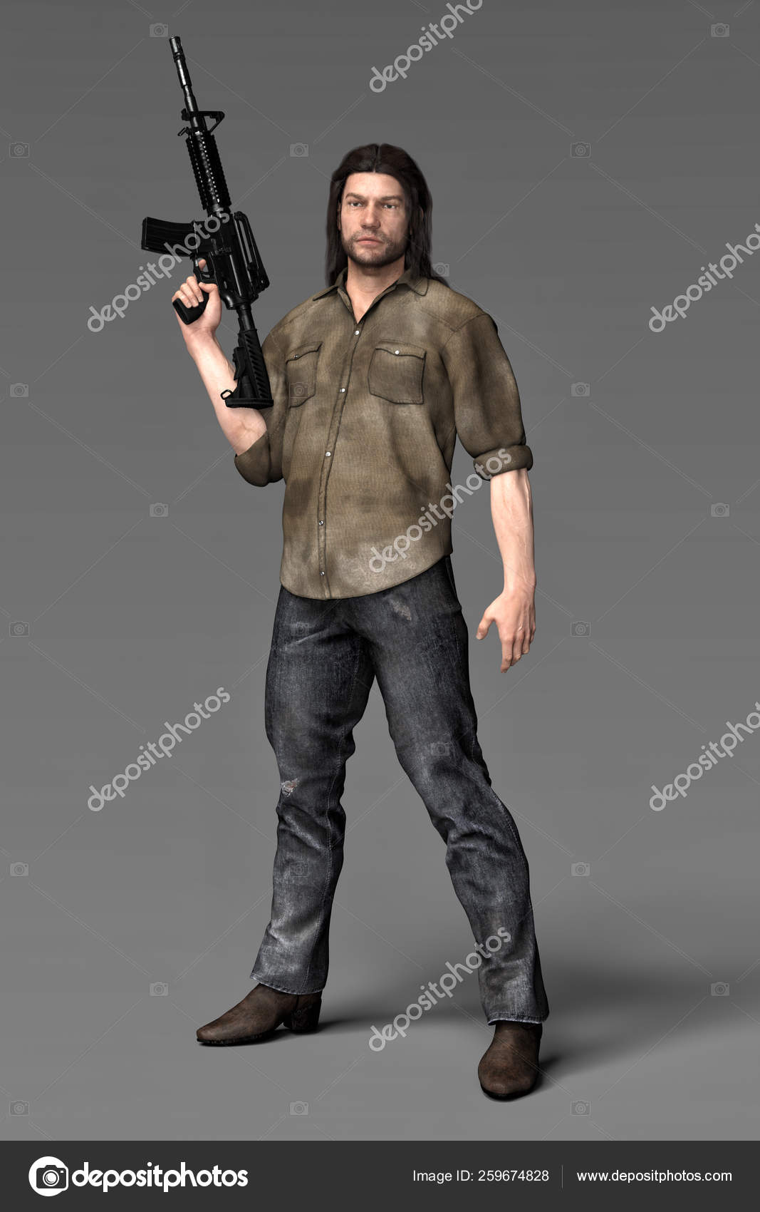Full length portrait of a brunette man wearing leather jacket and holding a  science fiction gun. Standing action pose isolated against a grey studio  background. Stock Photo | Adobe Stock