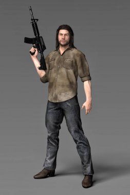 Bir savunma ya da poz mücadeleye hazır bir tüfek tutan yıpranmış ve kirli giyim adam Render.