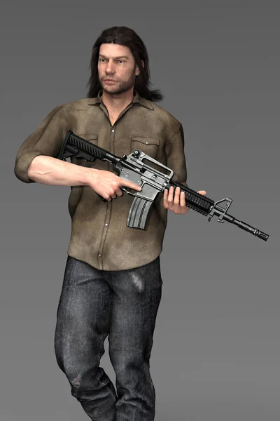 Darstellung eines Mannes, der mit einem Gewehr in die Ferne blickt — Stockfoto