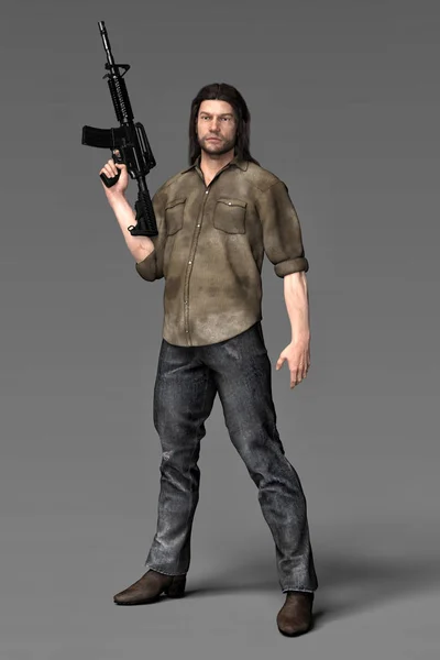 Darstellung eines Mannes in abgenutzter und schmutziger Kleidung, der ein Gewehr in einer defensiven oder kampfbereiten Pose hält. — Stockfoto