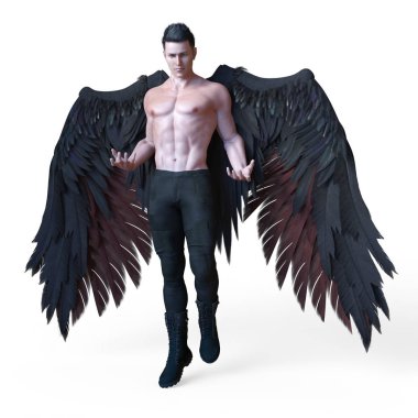 Siyah kanatlı yakışıklı bir erkek karanlık melek Rendering