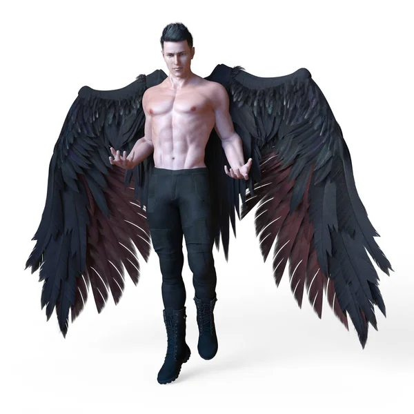 Rendering of a handsome male dark angel with black wings — Stock Photo, Image