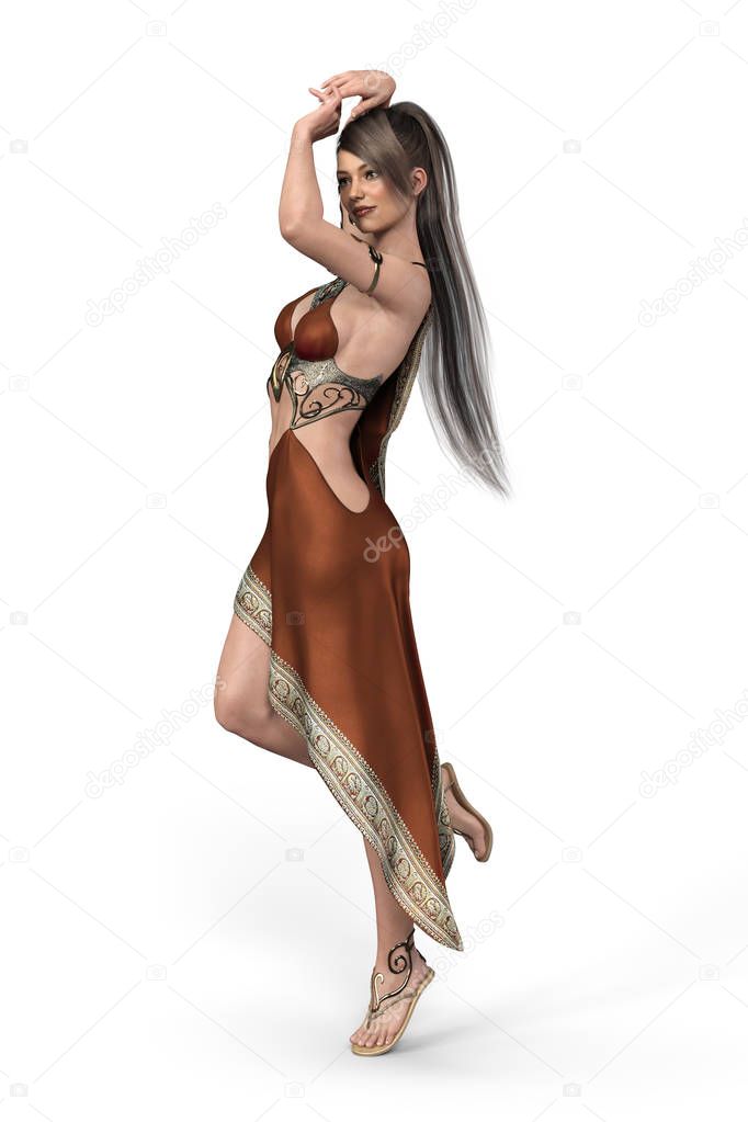 Side view of a 3D beautiful woman in goddess style costume