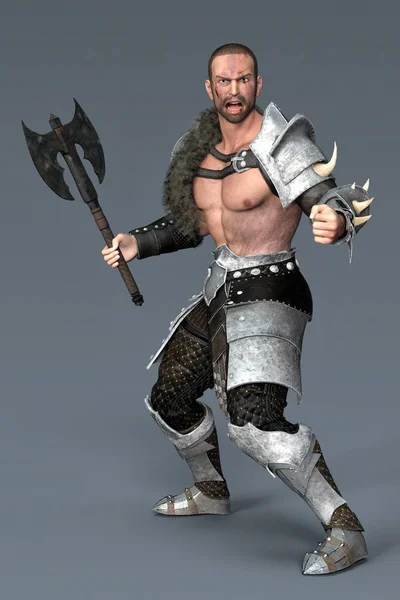 Brave battle scarred handsome warrior in fighting pose holding an axe