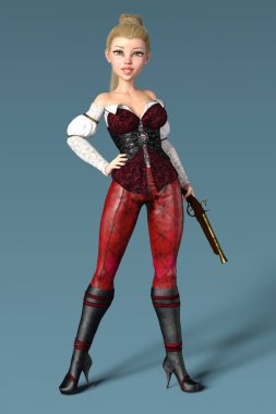 Pretty pirate woman holding a blunderbuss style pistol or gun clipart