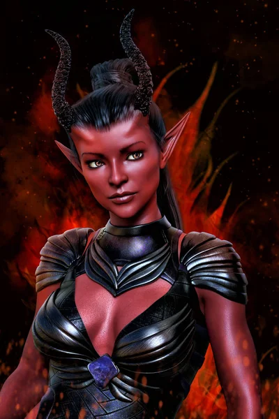 Ilustración digital 3D de una hermosa fantasía de demonio ardiente o mujer alienígena — Foto de Stock