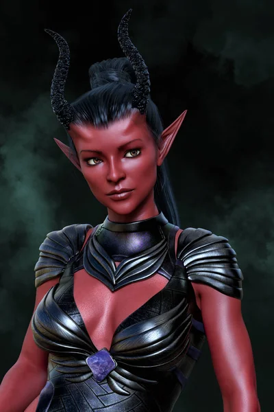Rendering of a beautiful fantasy alien woman with red skin and black hair