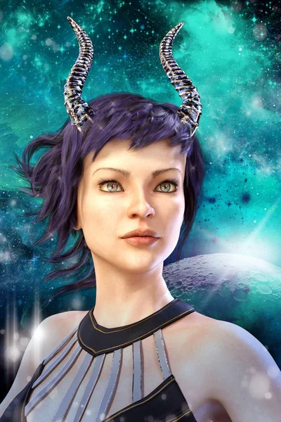 Representación 3D pintada digitalmente de una hermosa mujer alienígena de fantasía —  Fotos de Stock