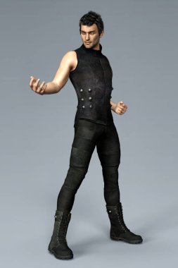 Yakışıklı kentsel savaşçı erkek siyah gotik tarzı giyim giyiyor 