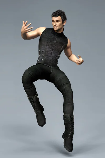 Handsome CGI man leaping or jumping into the air in an urban fantasy pose — Stock Photo, Image