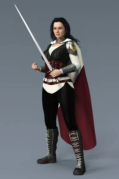 Hermosa mujer guerrera de estilo medieval CGI o caballero femenino sosteniendo una espada —  Fotos de Stock