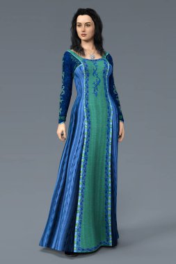 Bir ortaçağ fantezi tarzı mavi ve yeşil uzun elbise Güzel Kadın