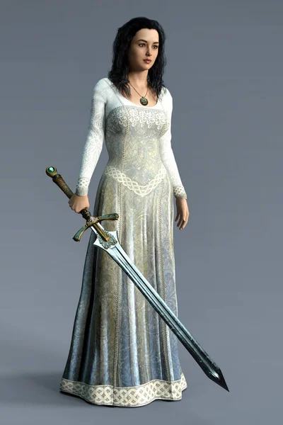 Beautiful 3D medieval woman holding an ornate sword — Stock Photo, Image