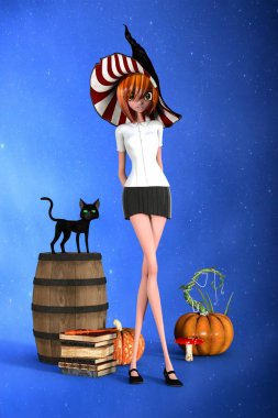 onun tarafında onun siyah kedi ile sevimli liseli cadı 3D Illustration