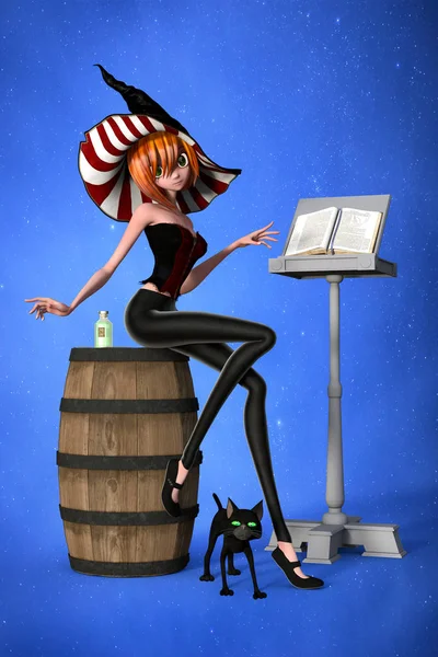Ilustracja 3D cute młodych czarownica nosi czarny z książką zaklęć na Mównica obok niej — Zdjęcie stockowe