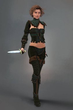 Bir hançer Holding güzel bir fantezi tarzı Ranger kadın tam uzunlukta render