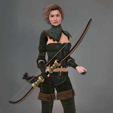Bir Quiver ile güzel bir fantezi Ranger Woman render ve bir hançer tutarak