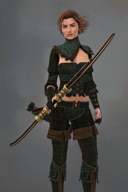 3D fantezi Ortaçağ Ranger Archer kadın Holding Bow