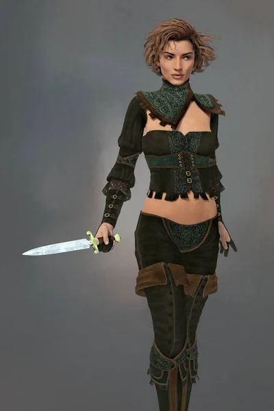 Render gyönyörű fantasy női Ranger Holding Dagger — Stock Fotó
