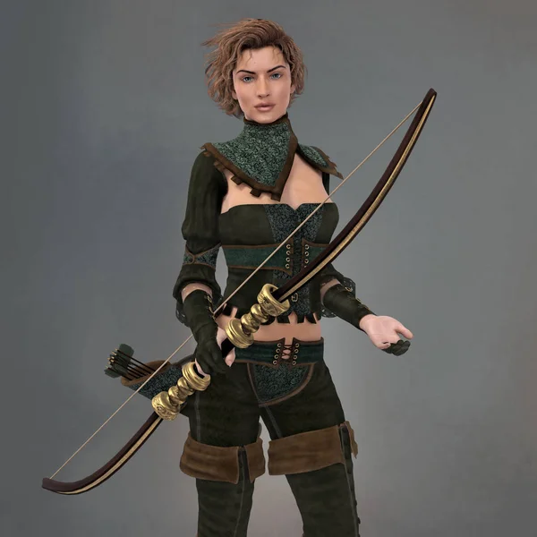 Render of a Beautiful Fantasy Ranger Woman com um Quiver e segurando uma adaga — Fotografia de Stock