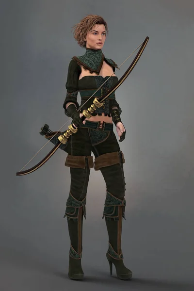 Render of a Female Fantasy Woodlands Ranger holding a Bow — Stock Photo, Image