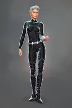 Beautiful woman in a black bodysuit in an urban fantasy style mage pose clipart