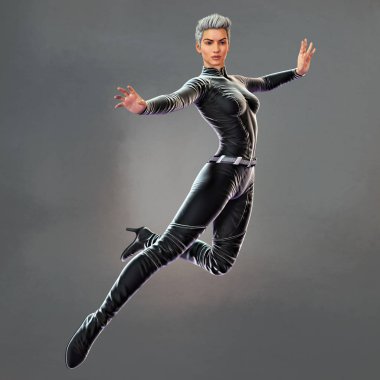Woman in Black Bodysuit Floating in the Air with Arms Outstretched clipart
