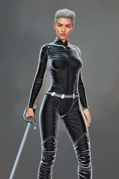 Urban Fantasy Woman in Black Leather or Latex Holding a Sword — Stock Photo, Image