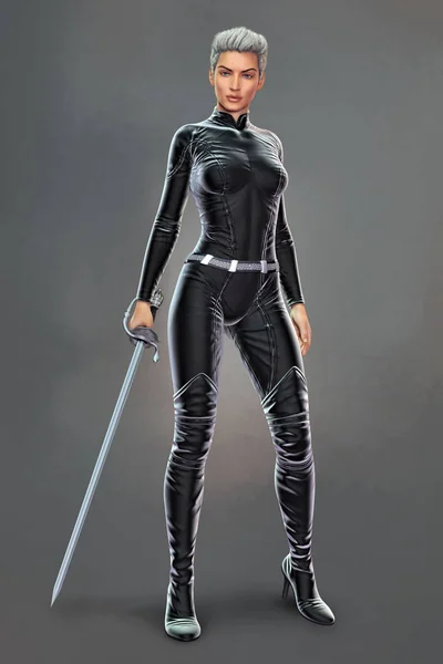 Retrato de comprimento total de uma mulher em um bodysuit preto segurando uma espada — Fotografia de Stock