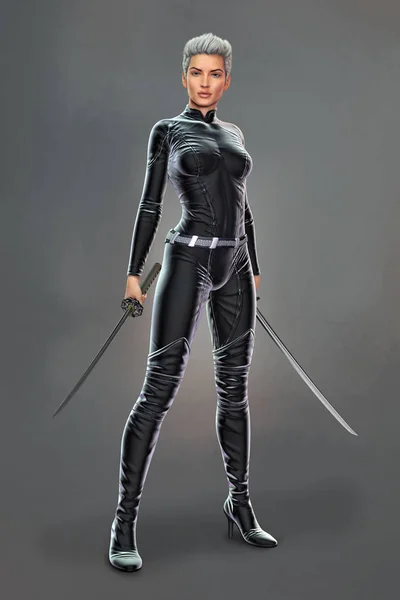 Kvinna i svart body suit med två Katana svärd — Stockfoto