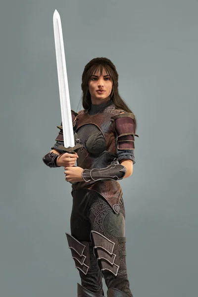 Woman in Medieval Fantasy Style Costume Holding a Sword in Both Hands — Stock Photo, Image