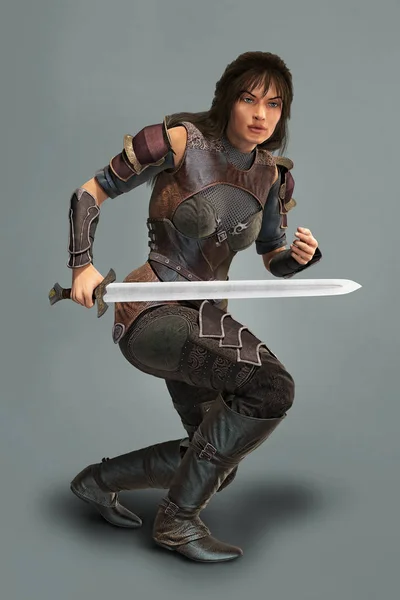 Medieval style female warrior in crouching defender pose