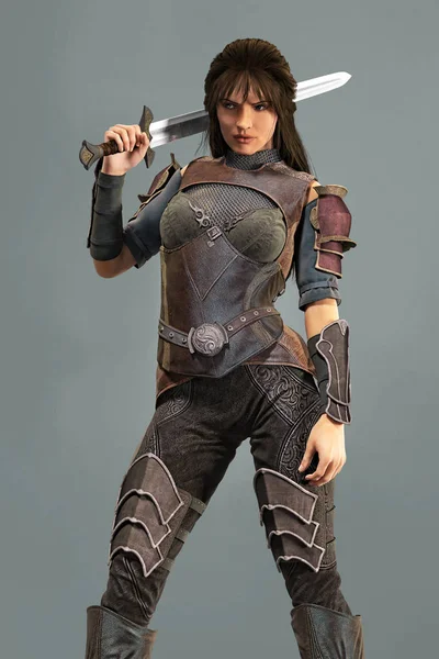 Strong assertive fantasy style woman warrior holding a sword behind her head