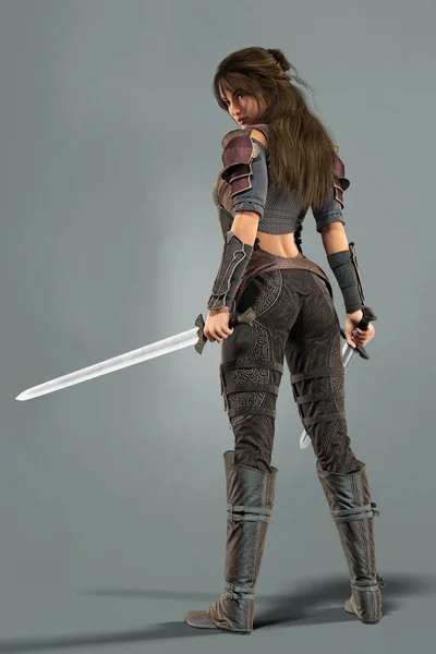 Bir Ortaçağ Fantasy Style Woman Bir Kılıç Holding Arka Görünümü