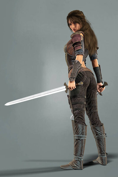Rear View of a Female Fantasy Warrior Looking Over her Shoulder