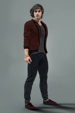 Kot pantolon ve deri ceket giyen yakışıklı bir adam render