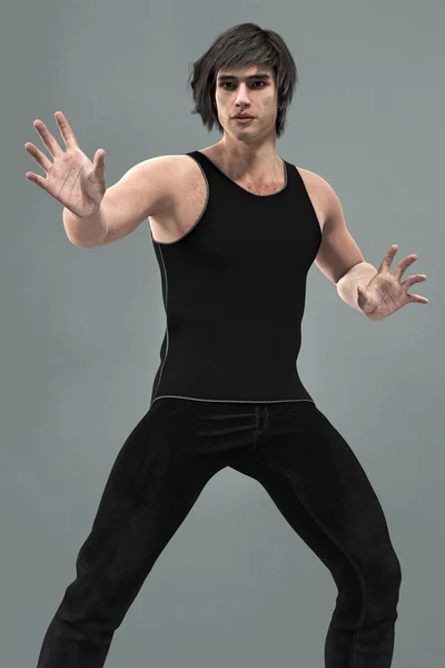 Handsome man in contemporary urban fantasy arms outstretched pose — Stock Photo, Image