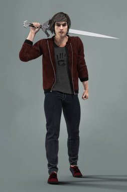 Başının Arkasında Bir Kılıç Tutan Bir Kentsel Fantasy Style Man Rendering