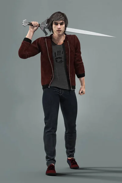 Rendu d'un homme de style Urban Fantasy tenant une épée derrière sa tête — Photo