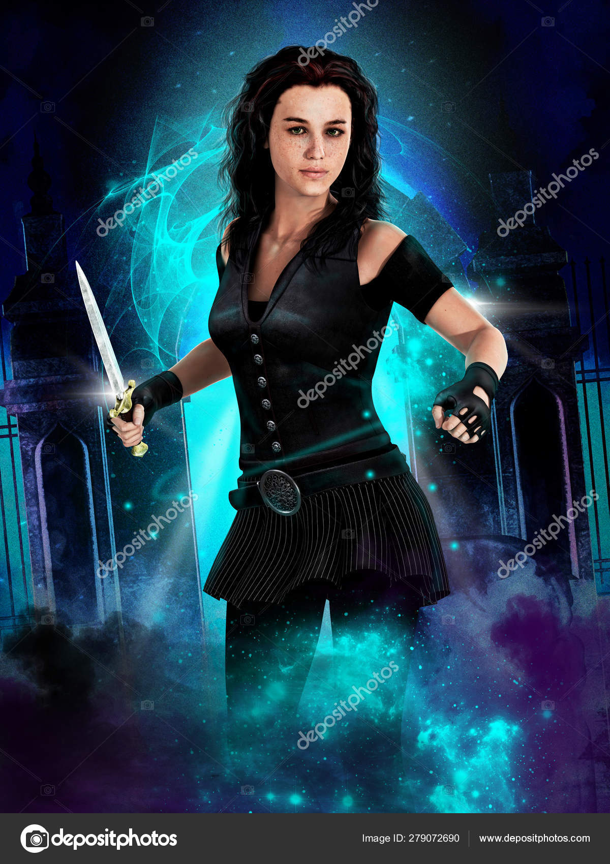 Illustration of an urban fantasy style vampire hunter female holding a  dagger Stock Photo by ©MerryDesigns 279072690