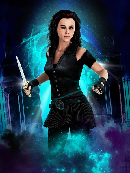 Illustration of an urban fantasy style vampire hunter female holding a dagger
