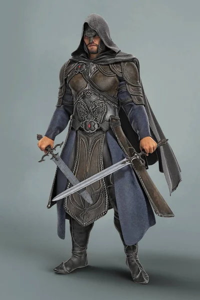 Rendering of a fantasy medieval knight in armor with crossed swords