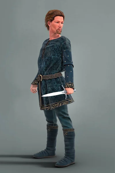 Vista lateral Render de pelirrojo maduro hombre de estilo medieval sosteniendo una daga —  Fotos de Stock