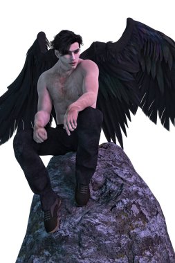 Bir Kaya üzerinde oturan yakışıklı bir karanlık melek yakın render