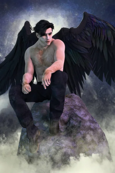 Ілюстрація красивого темного ангела сидить на високій скелі в хмарах — стокове фото
