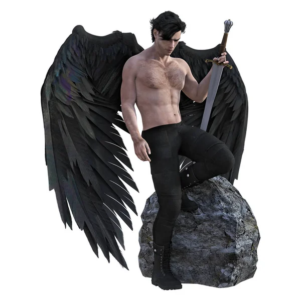 Темний ангел з чорними крилами тримає меч — стокове фото