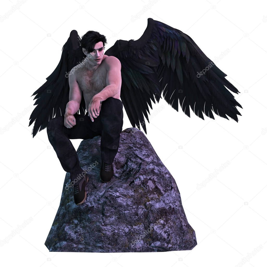 Rendering Dark Angel with Black Wings Seated on a Rock 