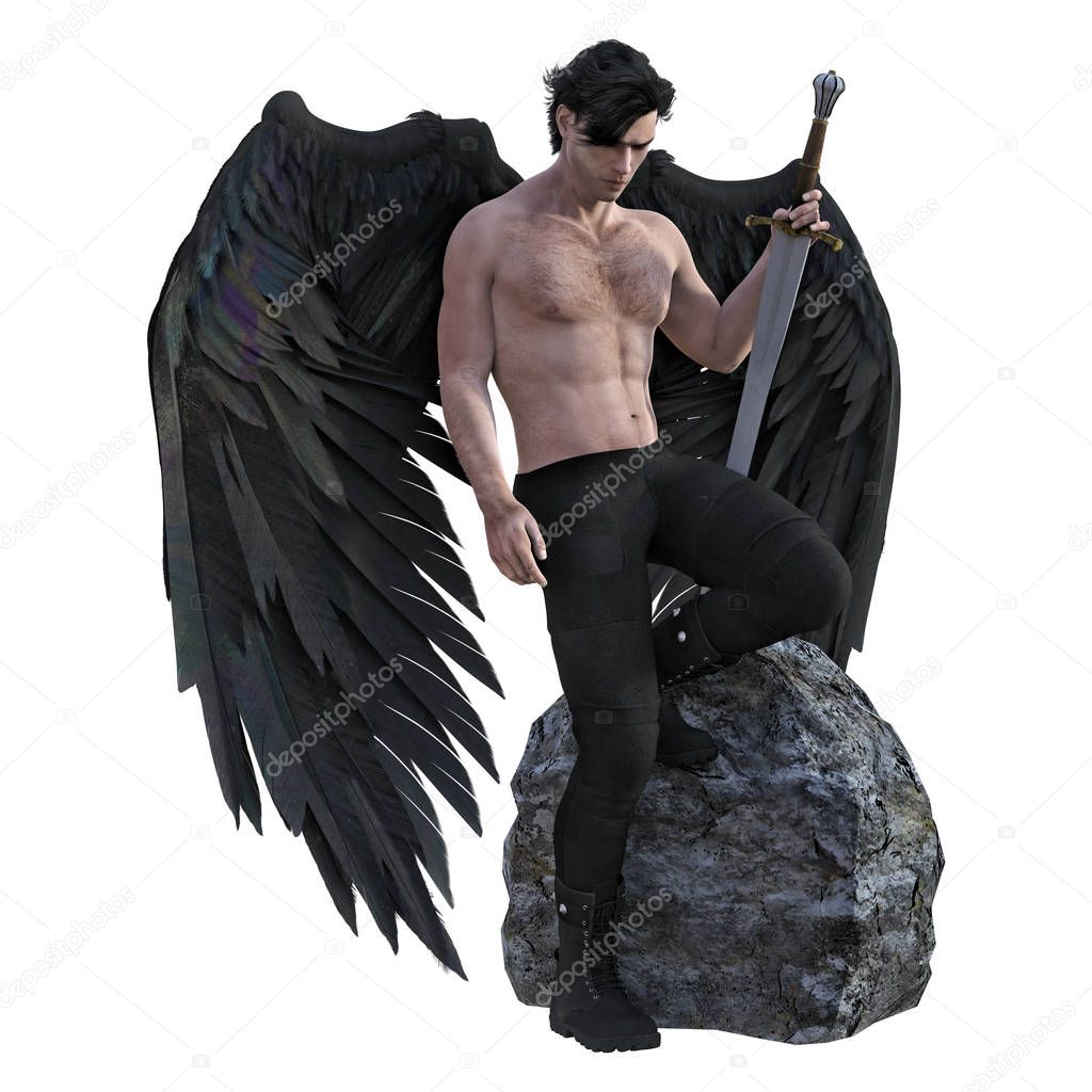 Dark Angel with Black Wings Holding a Sword 